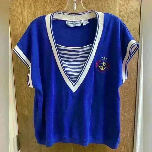 Vintage Marina Club Shirt Nautical Size Large Blue/White With Embroidered Patch - Picture 1 of 9